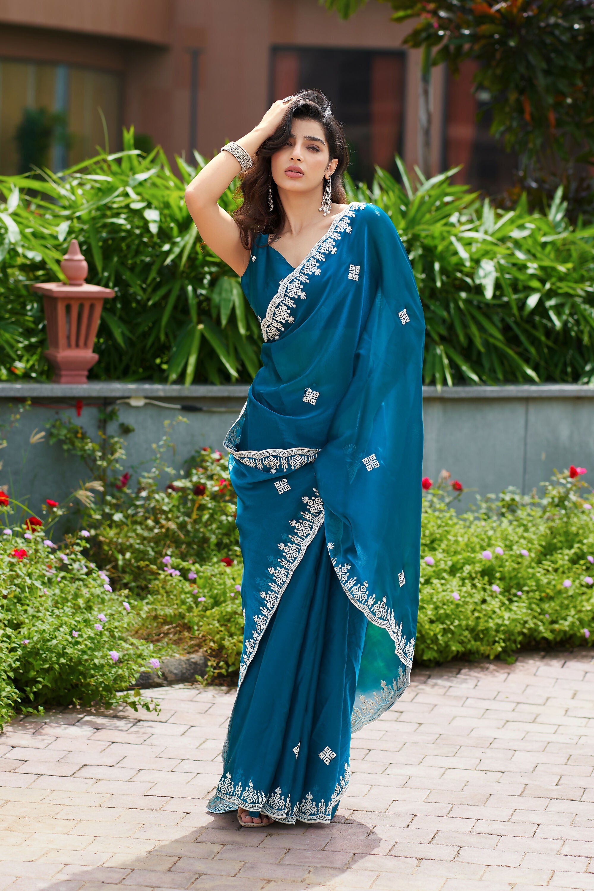 Vastranavya Teal Embroidery Work Shimmer Chiffon Saree with Unstitched Blouse | Grocsy