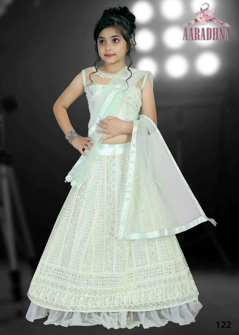 Wedding Designer Darkseagreen Net Kidswear Lahenga - Aaradhna | Grocsy