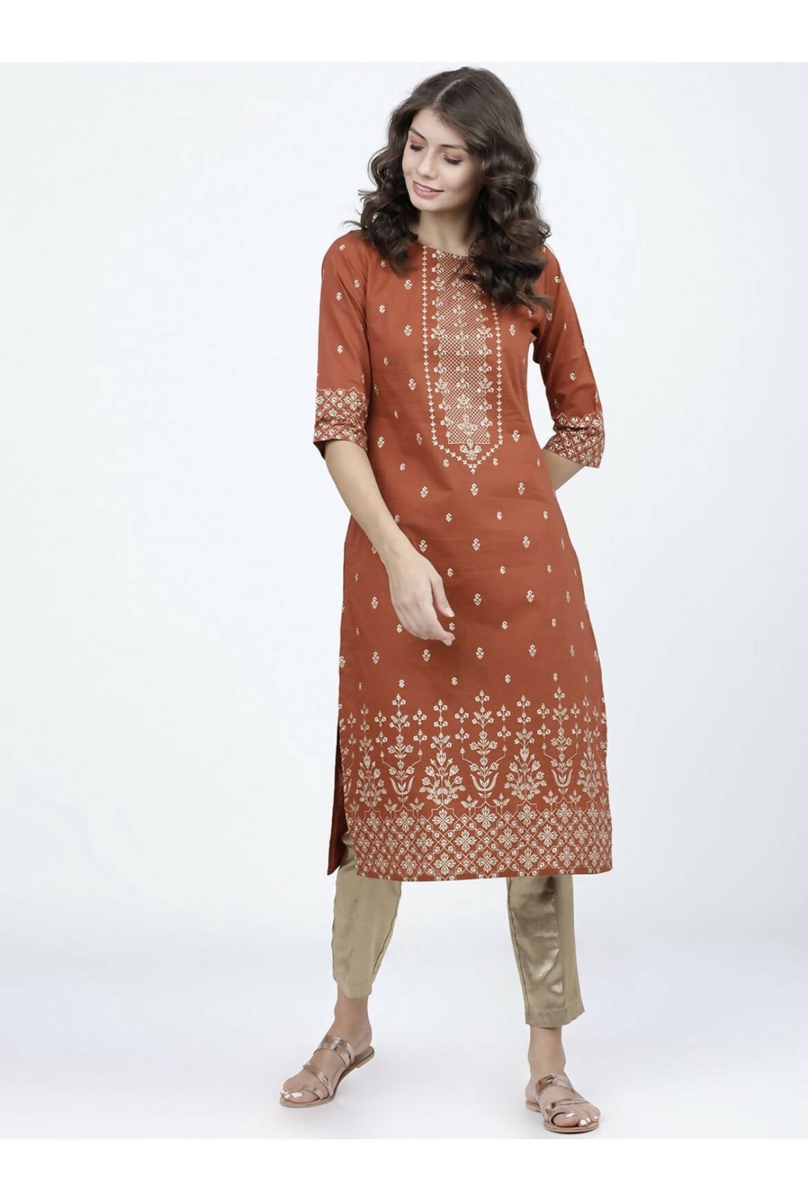 Indian Clothing Cheera Embellished Daily Wear Cotton Blend Kurta - Brown | Grocsy