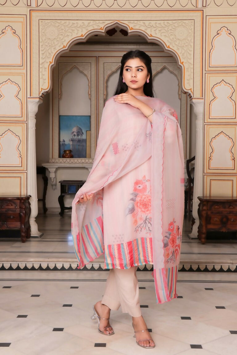 Vaasva Women Beige Tabby Slik Print & Embroidered Kurta, Pant & Dupatta set | Grocsy