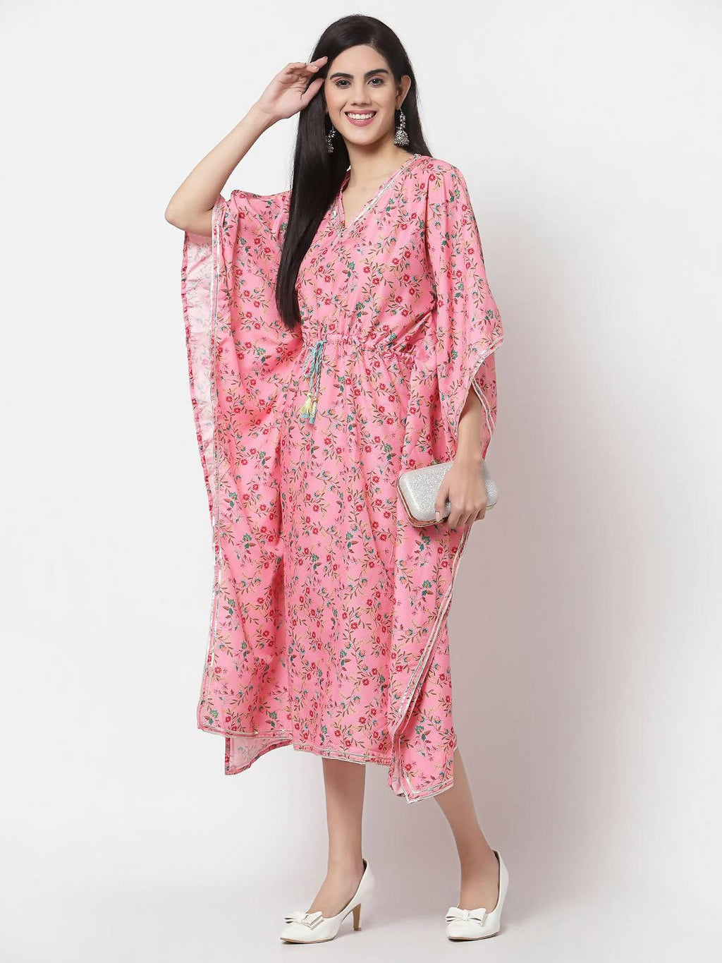 Myshka Women's Pink Polyester Printed Full Sleeve V Neck Casual Kaftaan | Grocsy