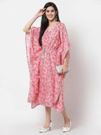 Myshka Women's Pink Polyester Printed Full Sleeve V Neck Casual Kaftaan | Grocsy