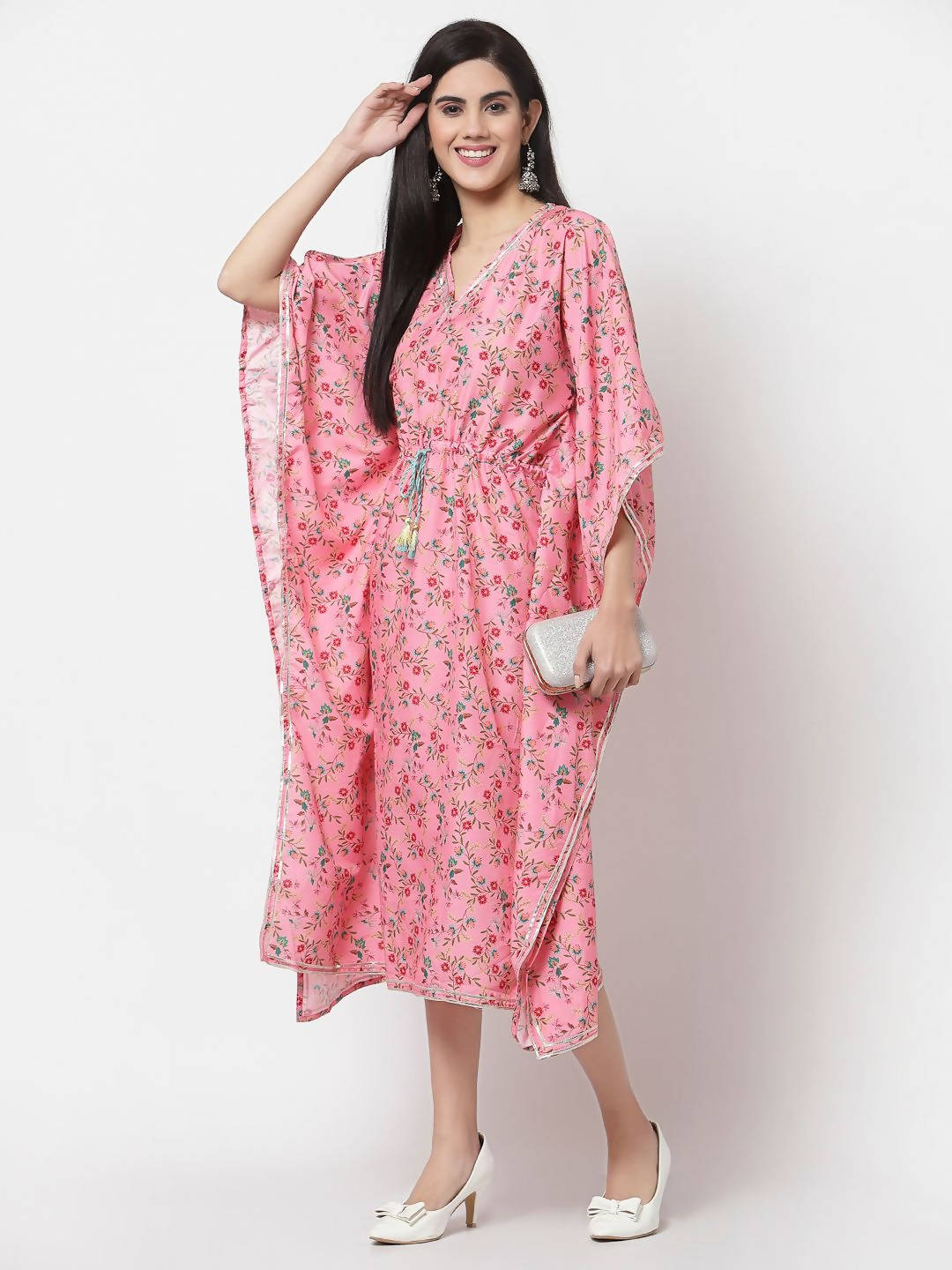 Myshka Women's Pink Polyester Printed Full Sleeve V Neck Casual Kaftaan | Grocsy