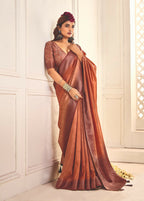 Joban Fashion Satin Silk With Zari Border Peach Colored Designer Pallu Saree | Grocsy