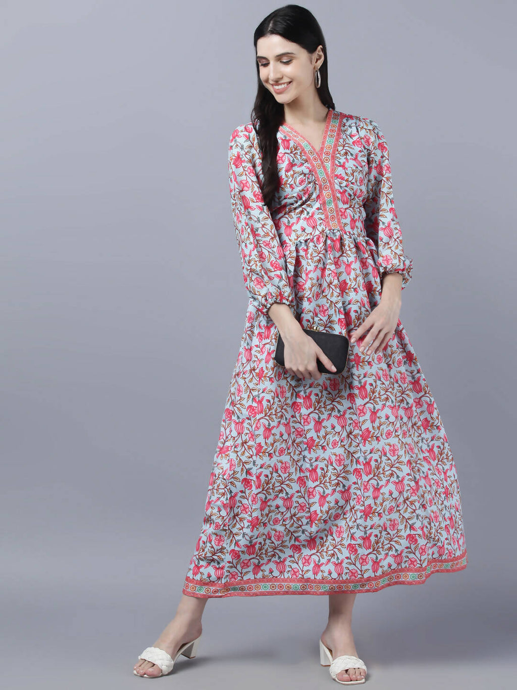 Myshka Women Red Printed Pure Cotton Maxi Dress | Grocsy