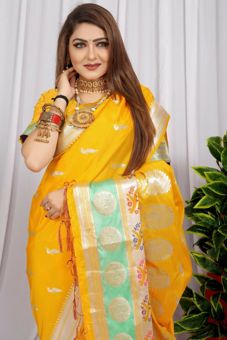 Jyoti Fashion Women's Yellow Paithani Silk Zari Woven Saree with Blouse | Grocsy
