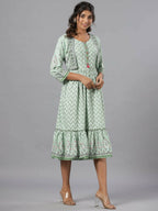 Juniper Women Sage Green Rayon Printed Jacket Style Midi Dress | Grocsy