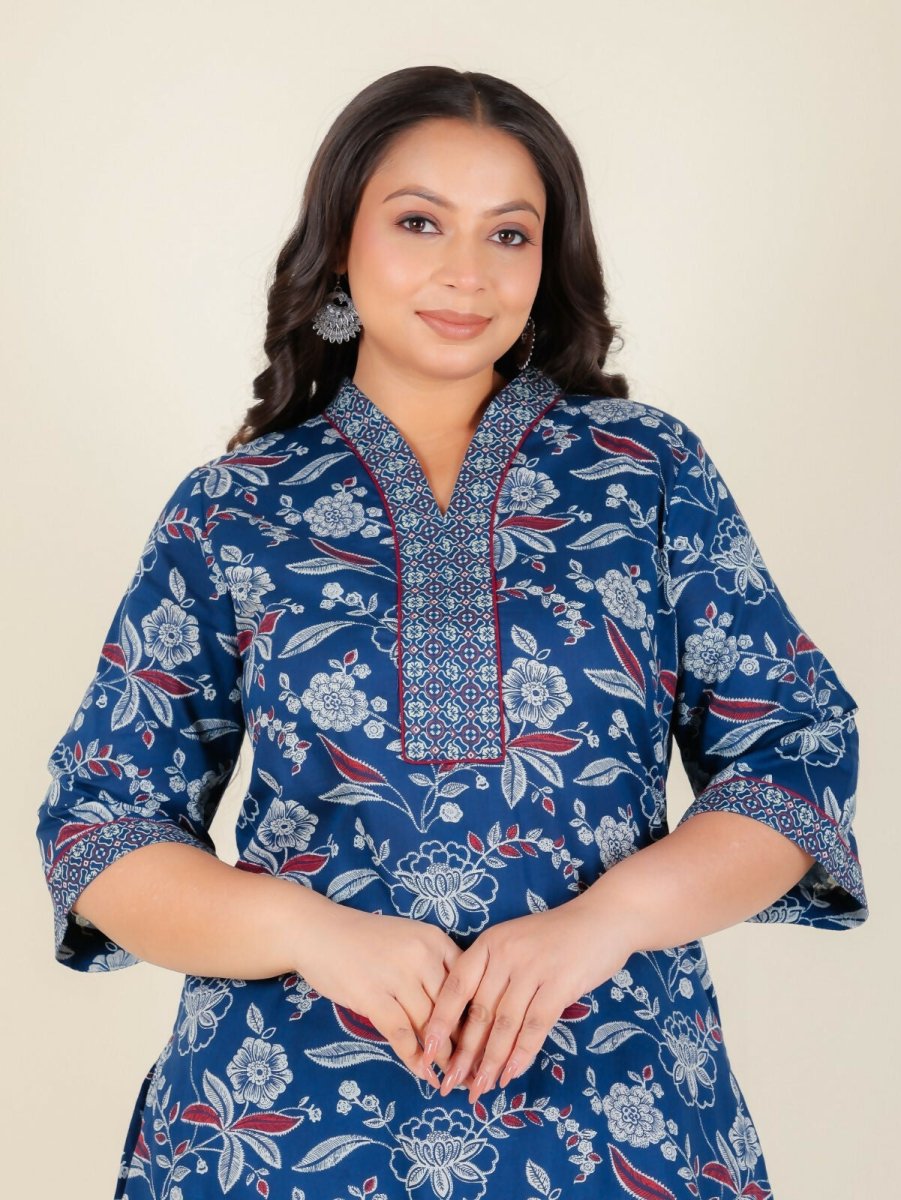 Aramya Blue Soft Cotton Floral Print Straight Kurta Set for Women | Grocsy