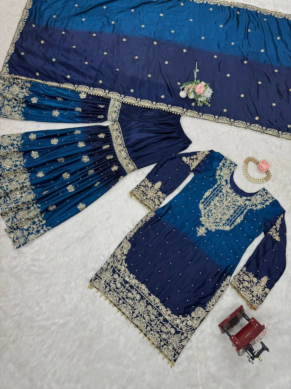 The52 Women's Beautiful Chinon silk Fabric Embroidery Work Straight Kurta Palazzo and Dupatta Set | Grocsy