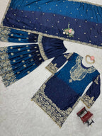 The52 Women's Beautiful Chinon silk Fabric Embroidery Work Straight Kurta Palazzo and Dupatta Set | Grocsy