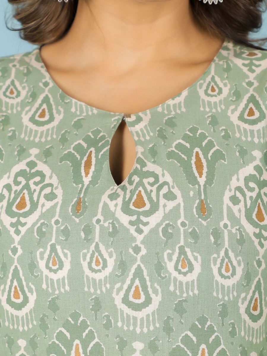 Aramya Green Linen Cotton Ikat Straight Kurta for Women | Grocsy