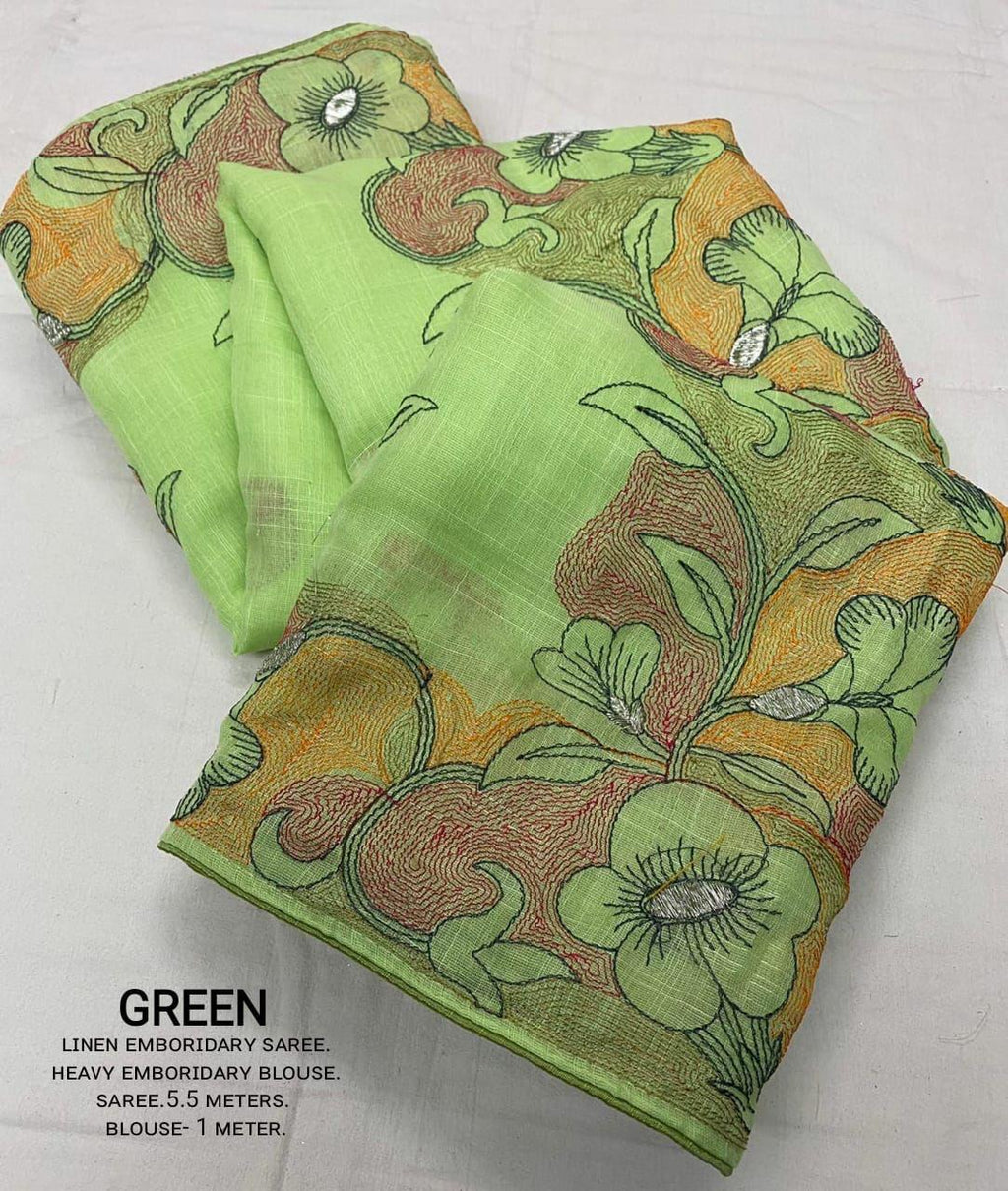 Green Pure Linen Ethnic Motifs Saree with Unstitched Blouse - A2M | Grocsy