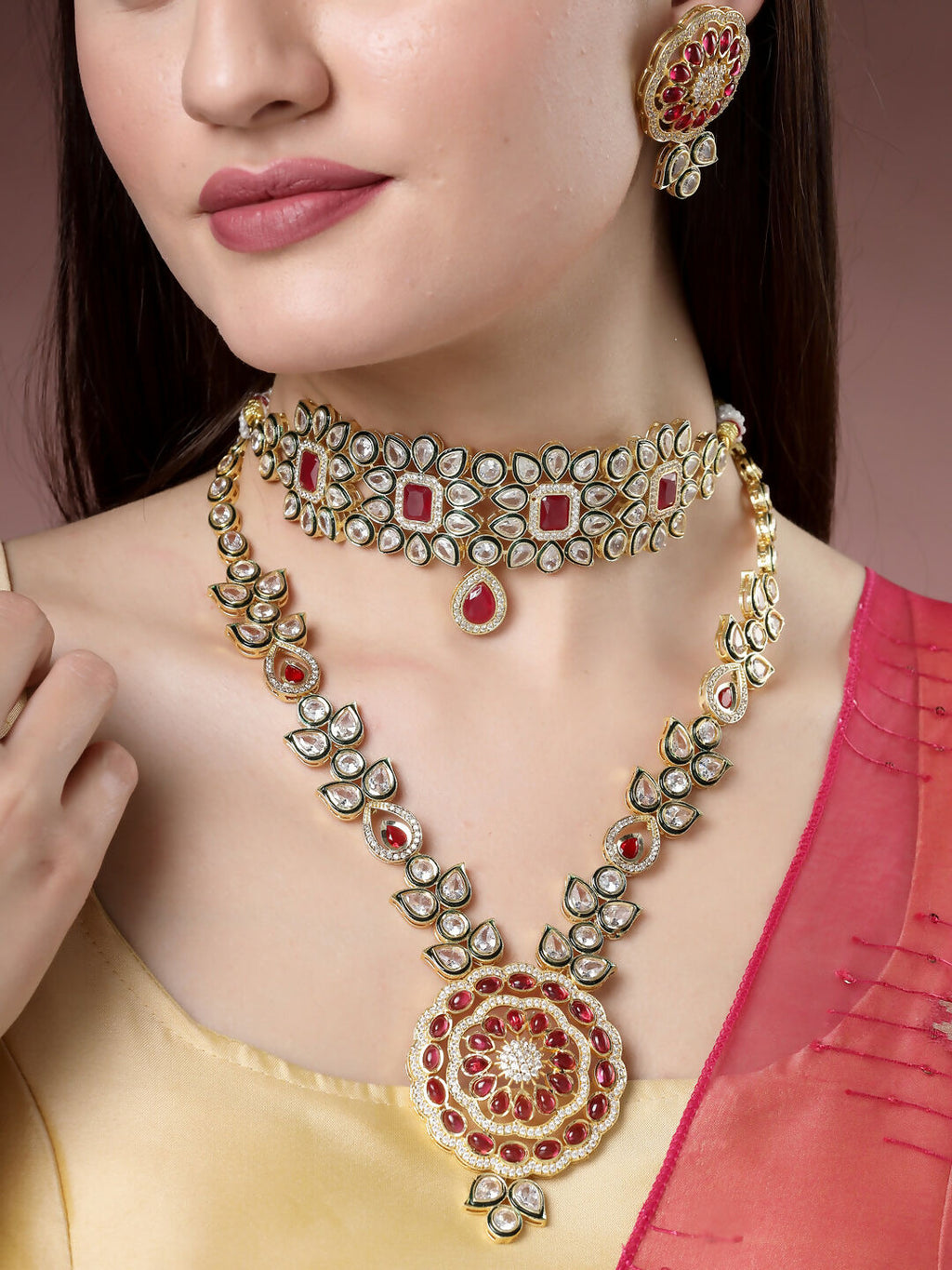 NVR Women's Set of 2 Red & Gold Kundan Studded Jewellery Set Choker & Long Necklace With Earrings | Grocsy