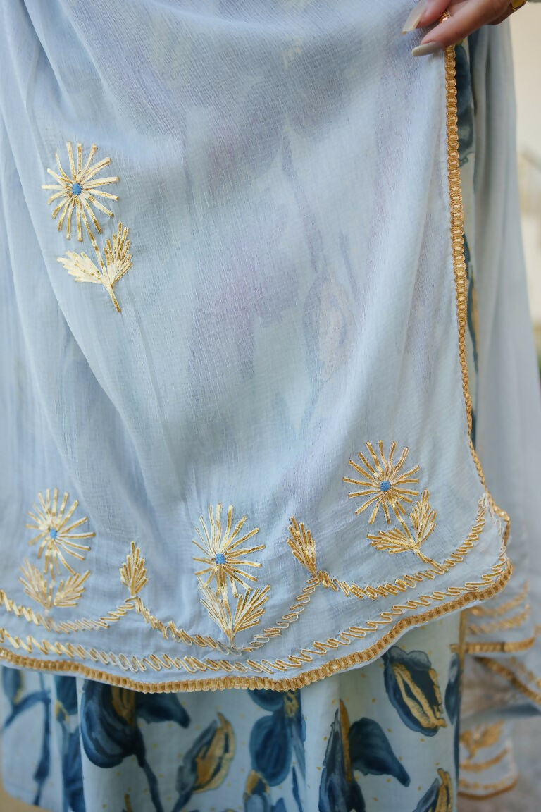 Vaasva Women SkyBlue Muslin Embroidered Kurta,Pant & Dupatta Set | Grocsy