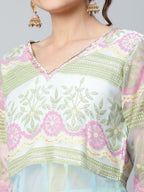 Ahalyaa Women Sea Green Organza Romantic Florals Kurta Palazzo Set | Grocsy