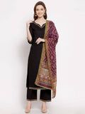 Myshka Women's Black Cotton Half Sleeve V Neck Solid Casual kurta Pant Dupatta Set | Grocsy