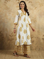Yellow Cotton Blend Printed Anarkali Suit with Dupatta - Rashmika | Grocsy