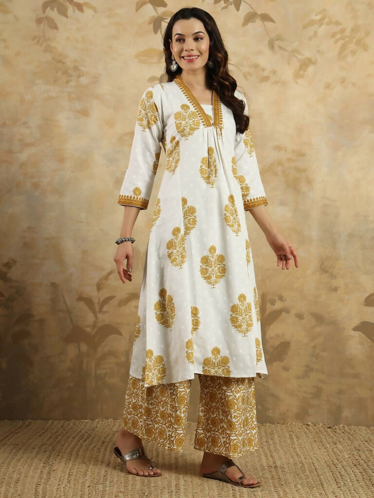 Yellow Cotton Blend Printed Anarkali Suit with Dupatta - Rashmika | Grocsy