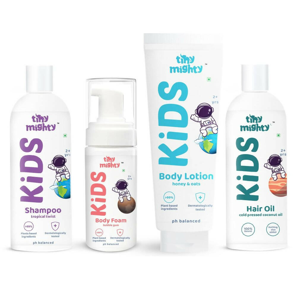 Tiny Mighty Kids Shampoo, Body Lotion, Foam Wash & Hair Oil Combo | Grocsy