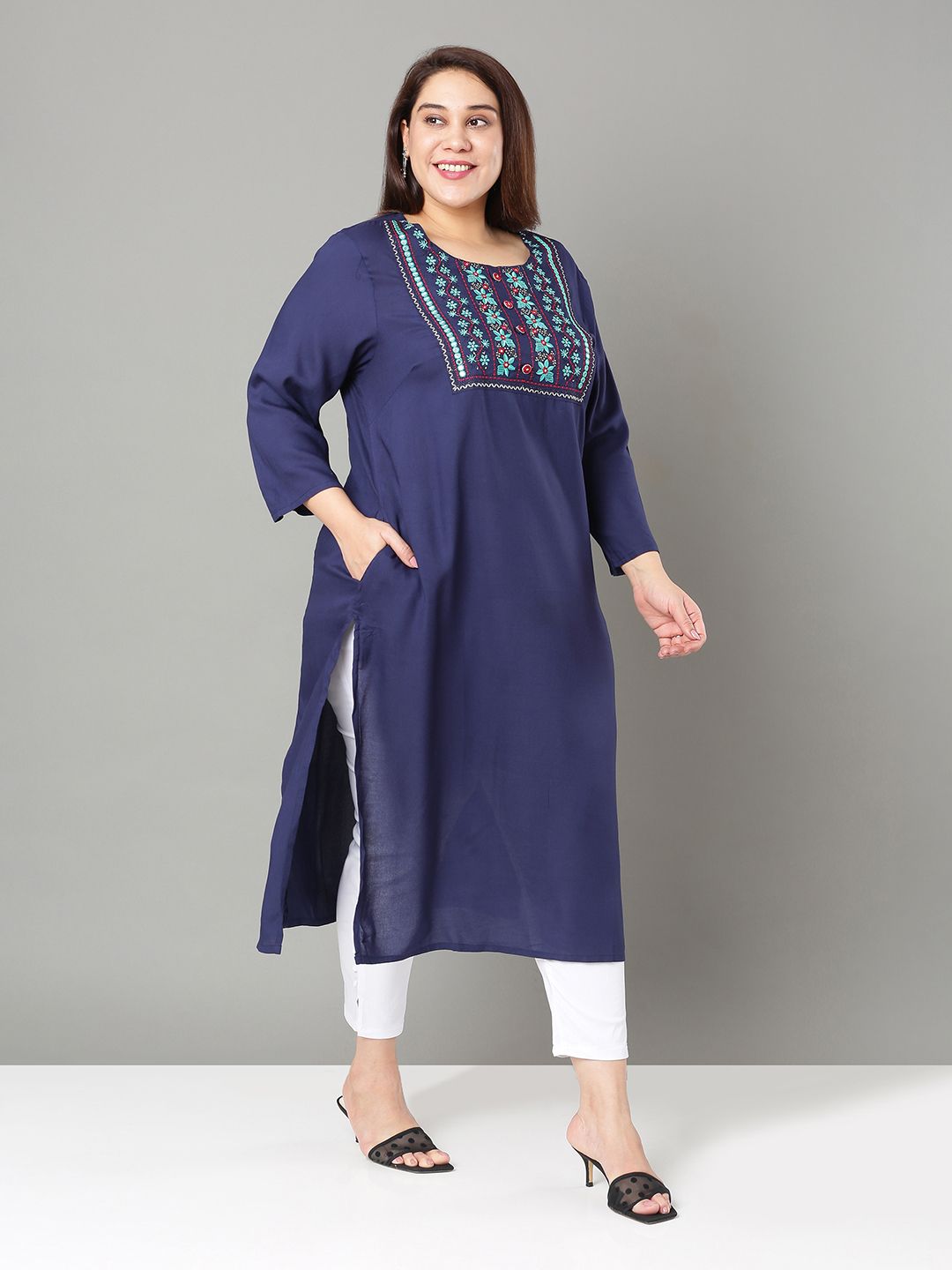 Sztori Plus Size Floral Yoke Design Thread Work Straight Kurta | Grocsy