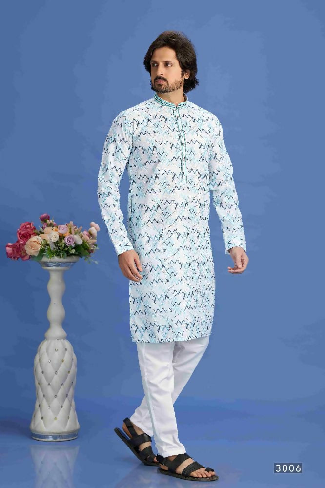 Raivat Ethnic Cotton Embroidery Kurta Pajama In Sky Blue Colour | Grocsy
