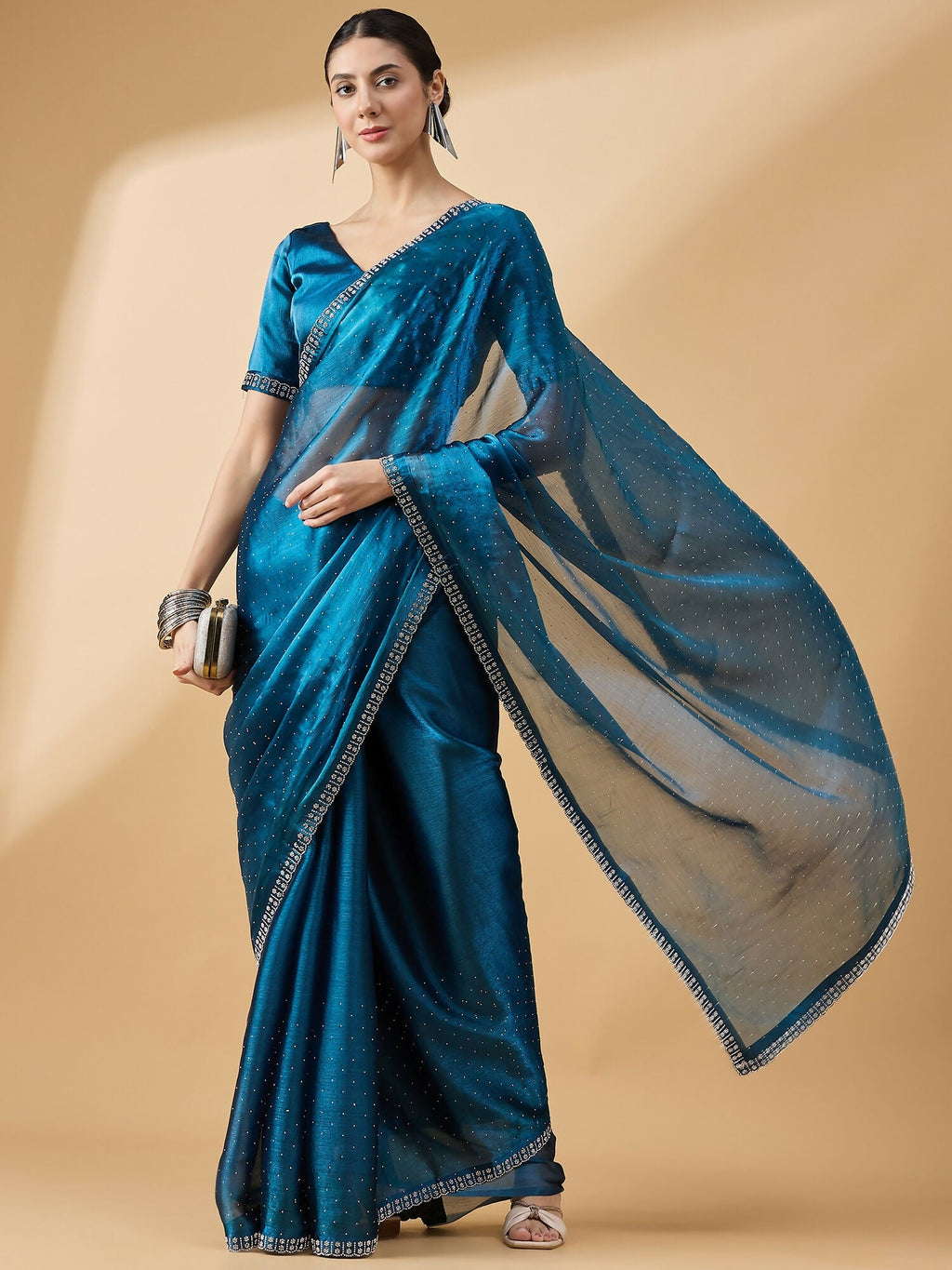 Teal Organza Swaroski Diamond Work Saree with Unstitched Blouse - Radha | Grocsy