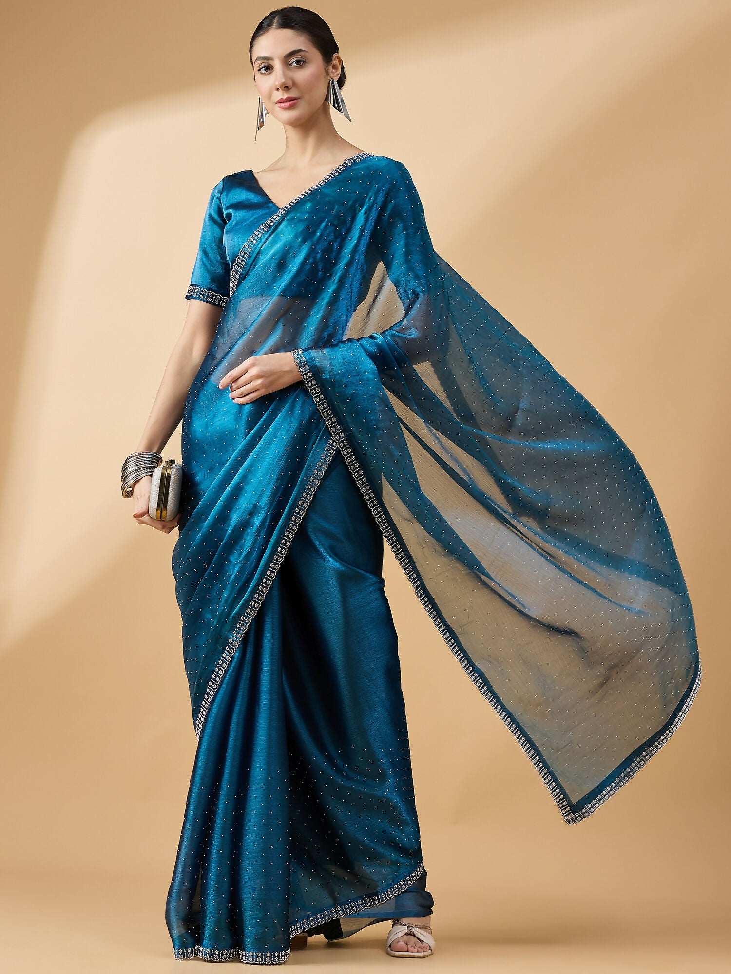 Teal Organza Swaroski Diamond Work Saree with Unstitched Blouse - Radha | Grocsy