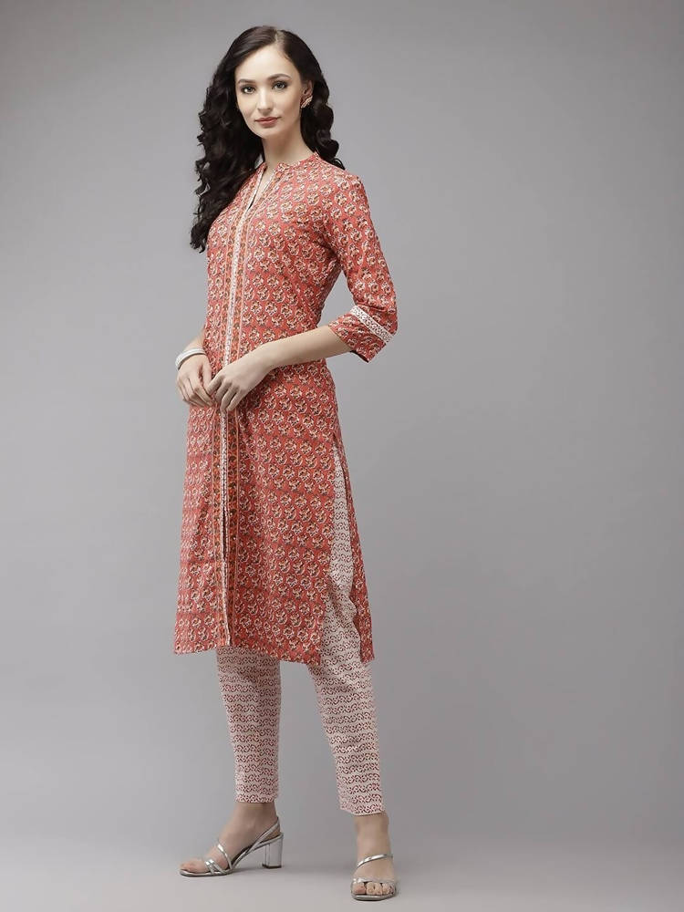 Yufta Peach and Off White Kurta Trouser Set | Grocsy