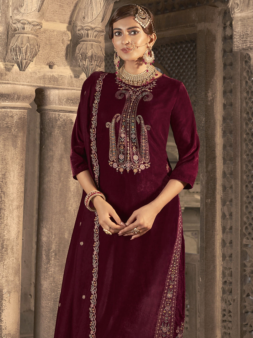 Jyoti Fashion Women's Maroon Velvet Floral Resham Thread with Jari work Kurta with Trouser & Dupatta | Grocsy