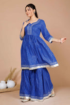 Miravan Women's Blue Printed Pure Cotton A-Line Kurti With Sharara | Grocsy