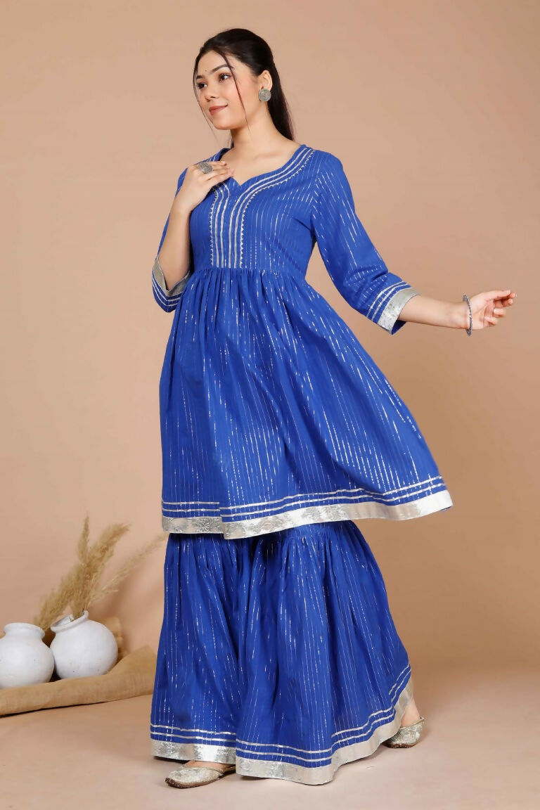 Miravan Women's Blue Printed Pure Cotton A-Line Kurti With Sharara | Grocsy