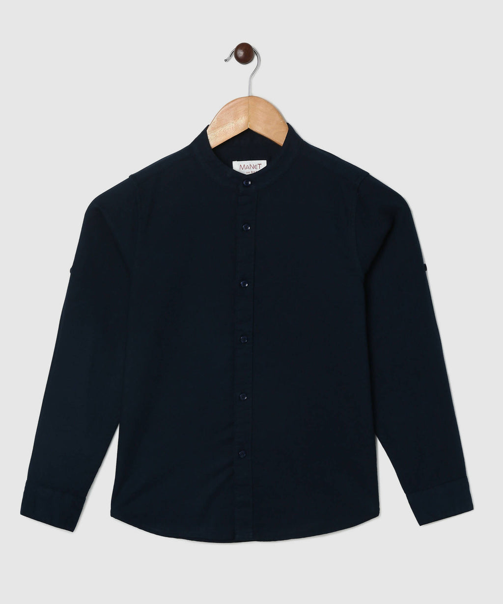Manet Boys Mandarin Collar Full Sleeves Melange Shirt - Navy Blue | Grocsy