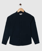 Manet Boys Mandarin Collar Full Sleeves Melange Shirt - Navy Blue | Grocsy