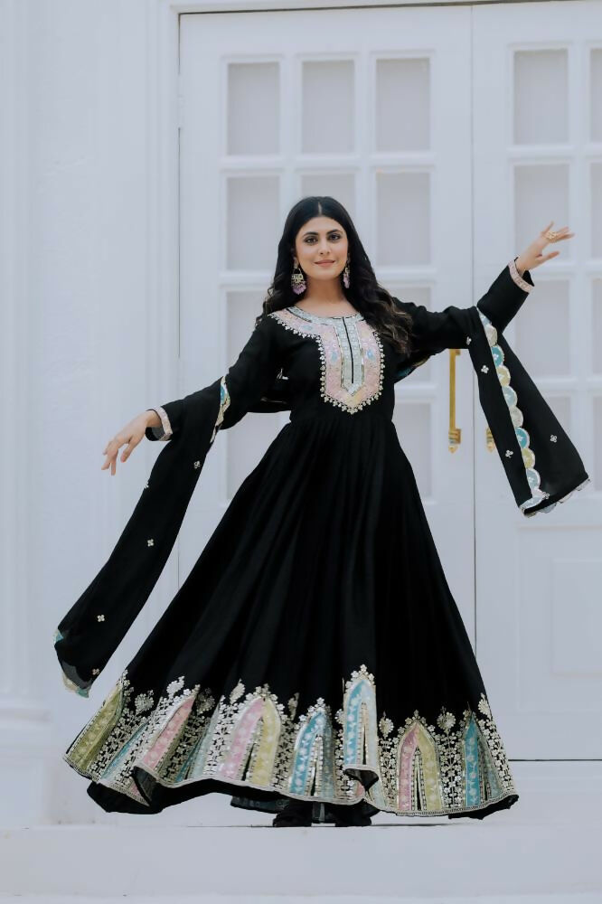 Joban Fashion Black Chinnon Silk Sequence Embroidery Work Readymade Kurta Set | Grocsy