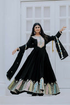 Joban Fashion Black Chinnon Silk Sequence Embroidery Work Readymade Kurta Set | Grocsy
