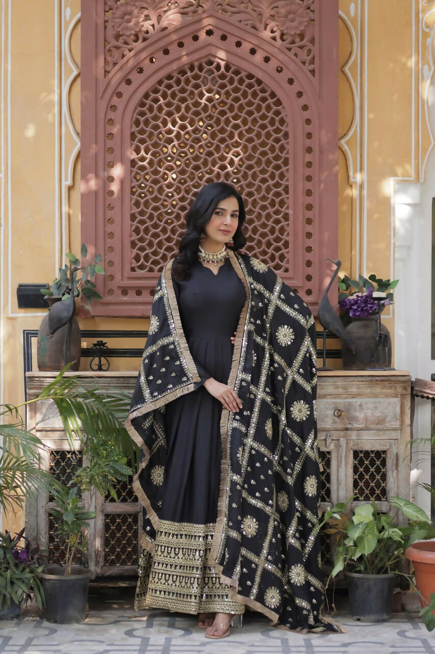 Vastranavya Star Georgette with Embroidery Zari Sequins-work Gown & Dupatta - Black | Grocsy