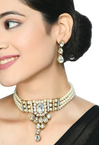 Mominos Fashion Johar Kamal Gold-Polished Brass Finish Kundan/Stone Choker For Women (White) | Grocsy