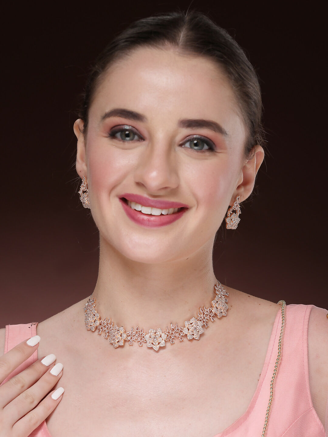 NVR Women's Rose Gold-Polished American Diamond-Studded Handcrafted Jewellery Set | Grocsy