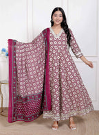 Miravan Women's Cream Embroidered Cotton Anarkali Kurta and Dupatta | Grocsy