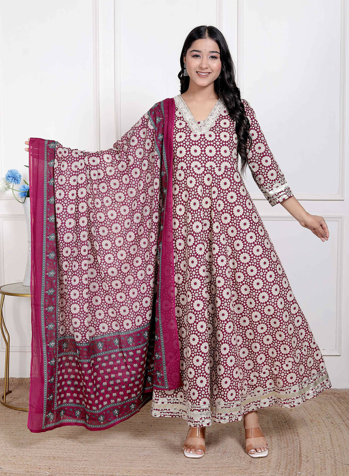 Miravan Women's Cream Embroidered Cotton Anarkali Kurta and Dupatta | Grocsy