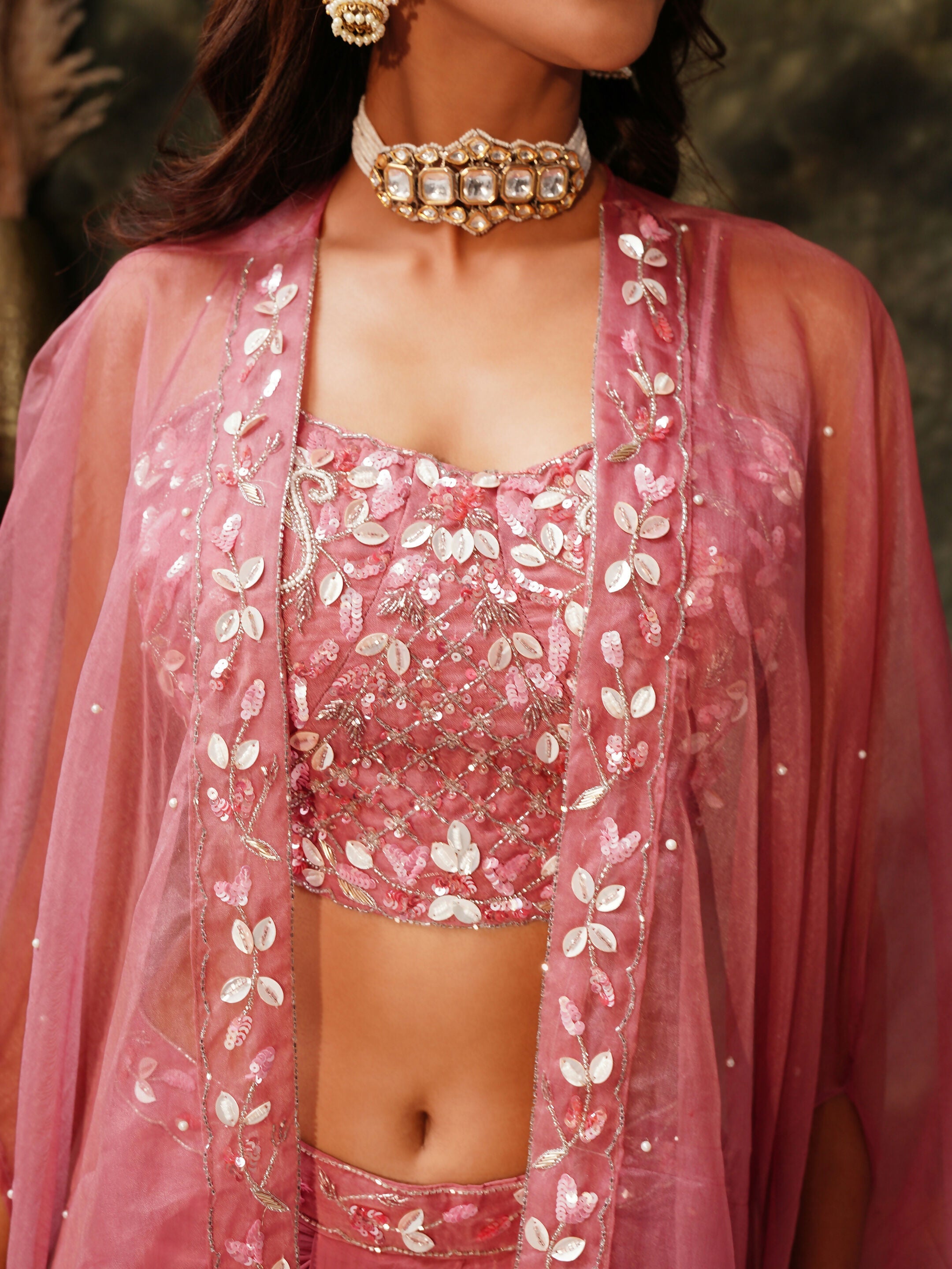 Pink Pure Crepe Handwork Top with Skirt & Shrug - Naomika | Grocsy