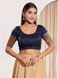 Joban Fashion Navy Blue Taffeta Silk Padded Blouse With Round Neck Elbow Sleeves | Grocsy
