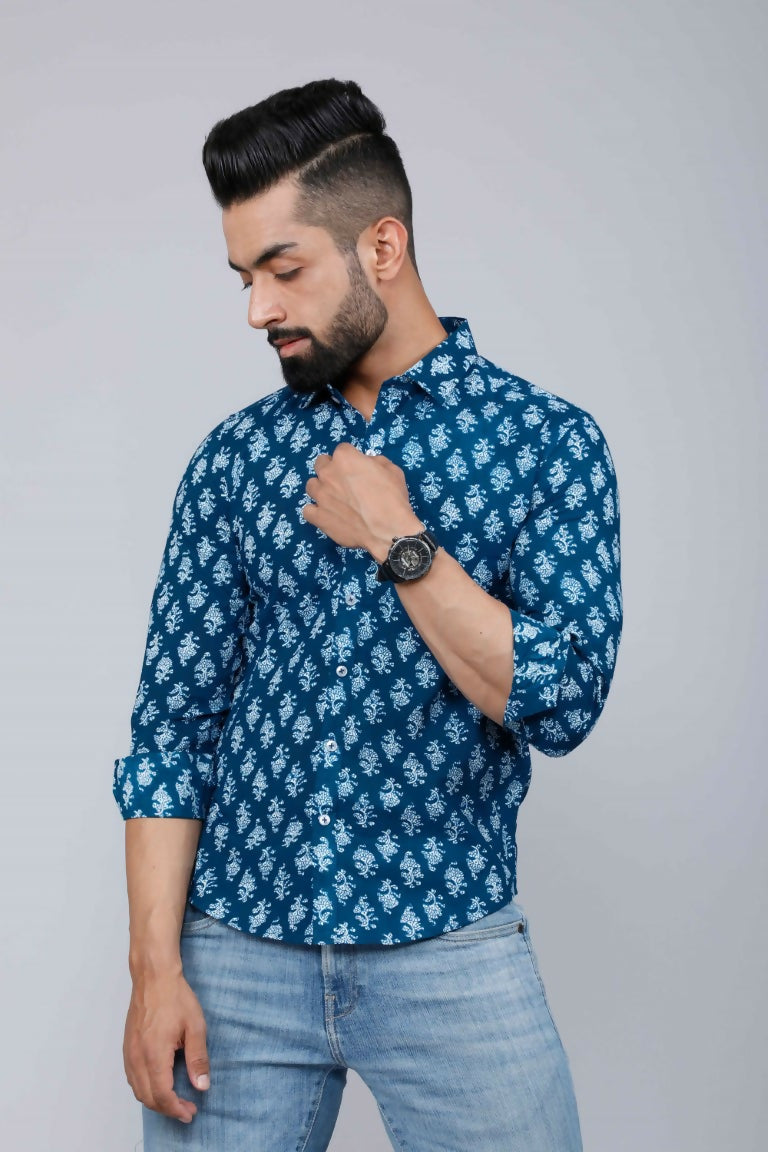 Miravan Men's Blue Printed Cotton Casual Shirt | Grocsy