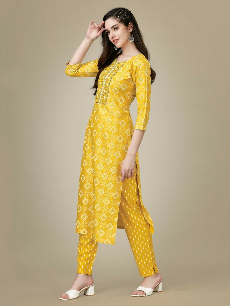 Jyoti Fashion Women's Yellow Rayon Embroidered Kurta Pant Set | Grocsy