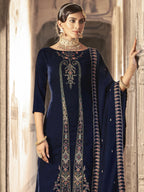 Jyoti Fashion Women's Navy Blue Velvet Floral Resham Thread with Jari work Kurta with Trouser & Dupatta | Grocsy