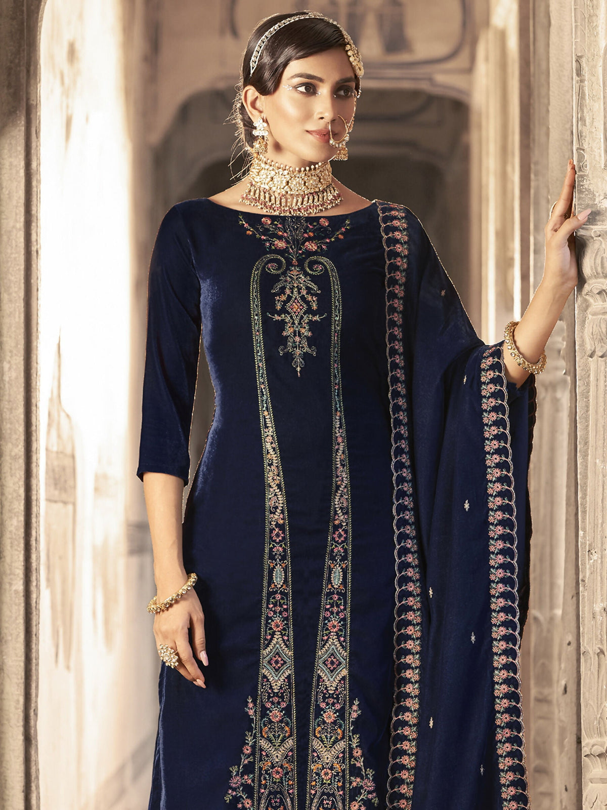 Jyoti Fashion Women's Navy Blue Velvet Floral Resham Thread with Jari work Kurta with Trouser & Dupatta | Grocsy