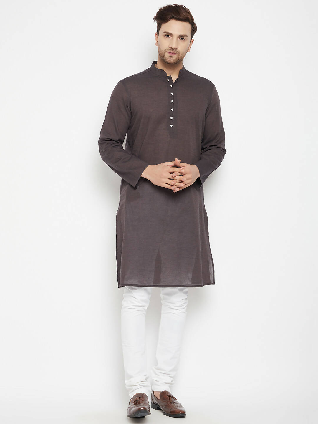 Even Apparels Brown Pure Cotton Long Men's Kurta With Band Collar | Grocsy