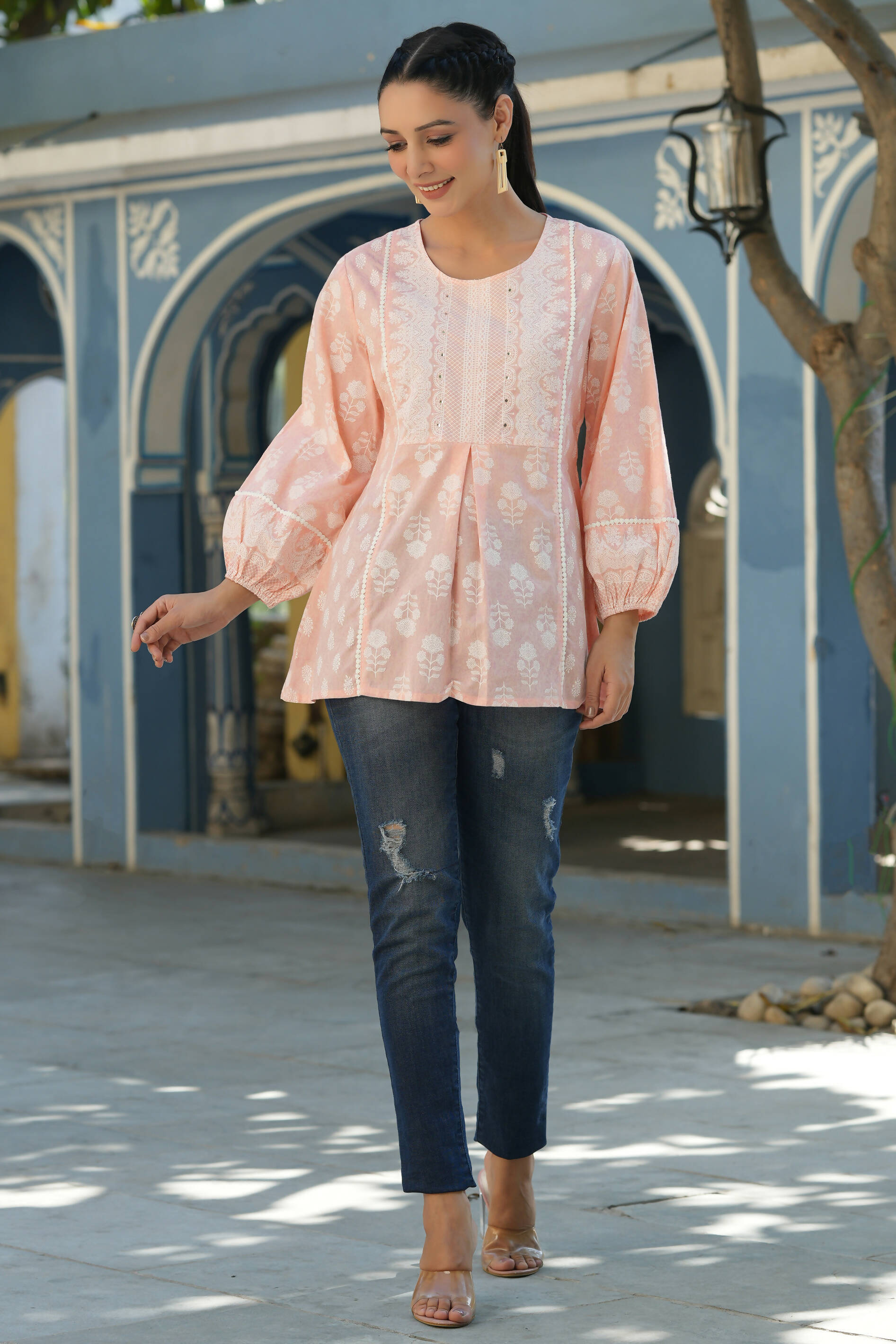 Juniper Women's Peach Cambric Placement Floral Printed Tunic | Grocsy