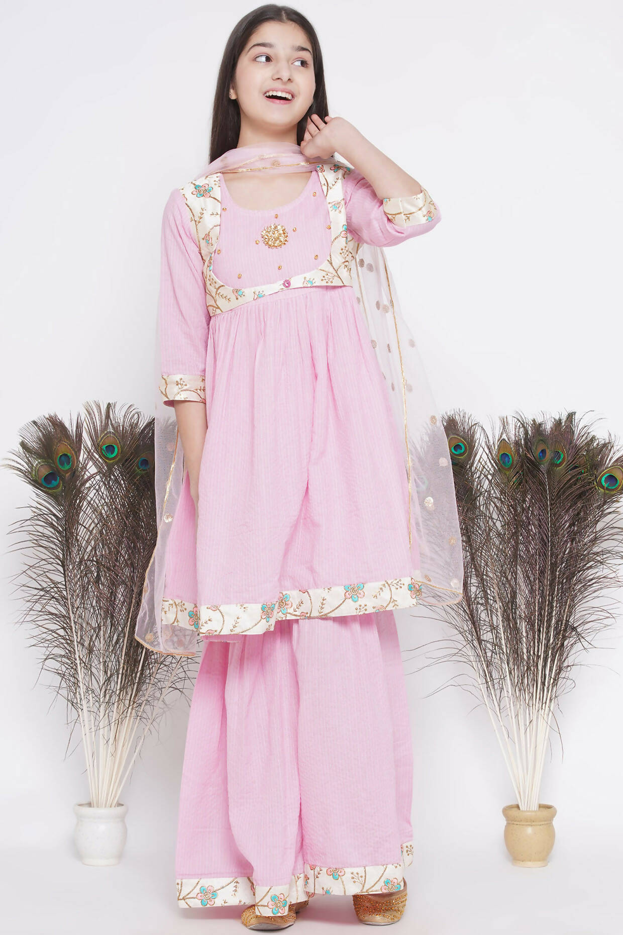 Little Bansi Floral Embroidery Jacket With Cotton Kantha Frock Sharara And Dupatta With Ghungroo Handwork - Pink | Grocsy
