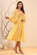 Juniper Yellow Ethnic Motif Printed Georgette Midi Dress With Sequins Work | Grocsy